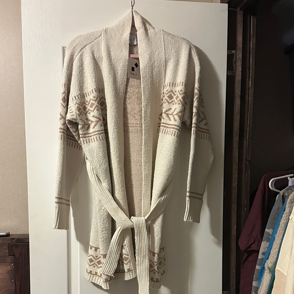 Cozy Casual Cream and Brown Patterned Cardigan